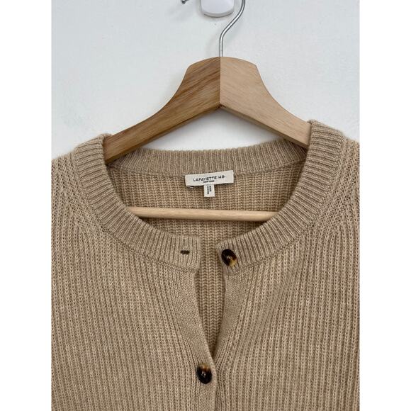 Lafayette 148 100% Cashmere Ribbed Balloon Sleeve Luxury Camel Cardigan - Large - Picture 4 of 10